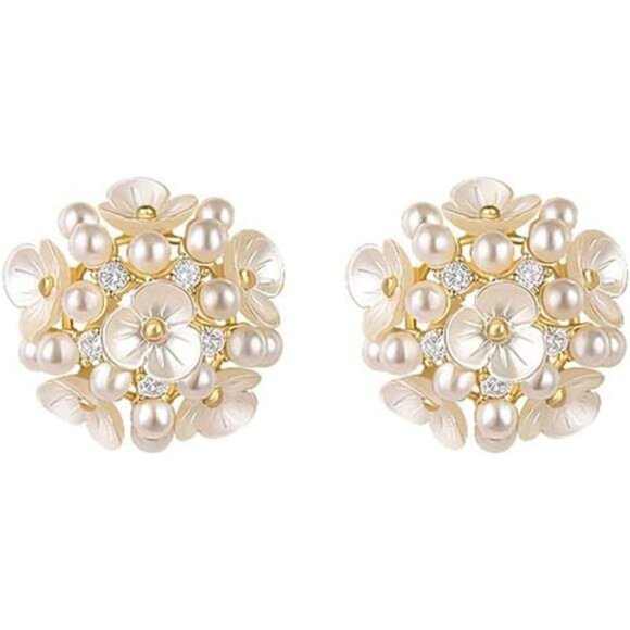 Flower Pearl Stud Earrings | Hypoallergenic Sterling Silver Post | Elegant - Picture 6 of 6